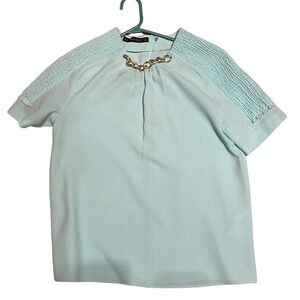 EUC Zara Top in Blue with Ruffles on Shoulders and Chain at Neck